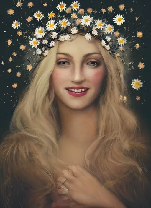 Image similar to portrait, close-up of a smiling beautiful female, blonde,, wearing a crown of daisies, beautiful happy face, ethereal, starry, space, magical atmosphere, maximalist, cinematic lighting, cinematic atmosphere, trending on artstation, cgsociety, 8k, high resolution, in the style of Faiza Maghni, David Ligare, Flora Borsi, Daniel Gerhartz, watercolor, dramatic lighting, cinematic, establishing shot, extremely high detail, foto realistic, cinematic lighting, pen and ink, intricate line drawings, by Yoshitaka Amano, Ruan Jia, Kentaro Miura, Artgerm, post processed, concept art, artstation, matte painting, style by eddie mendoza, raphael lacoste, alex ross