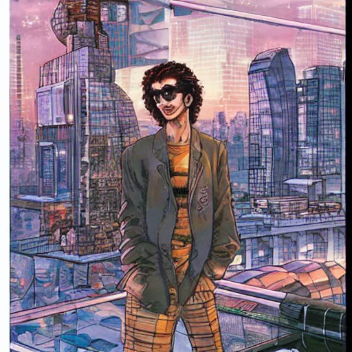 Prompt: a pristine copy of a curly-haired persian guy wearing round golden glasses reflecting a futuristic cityscape by Masamune Shirow