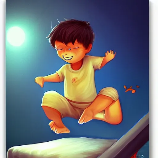 Prompt: little cute boy jumping on his bed by Cyril Rolando