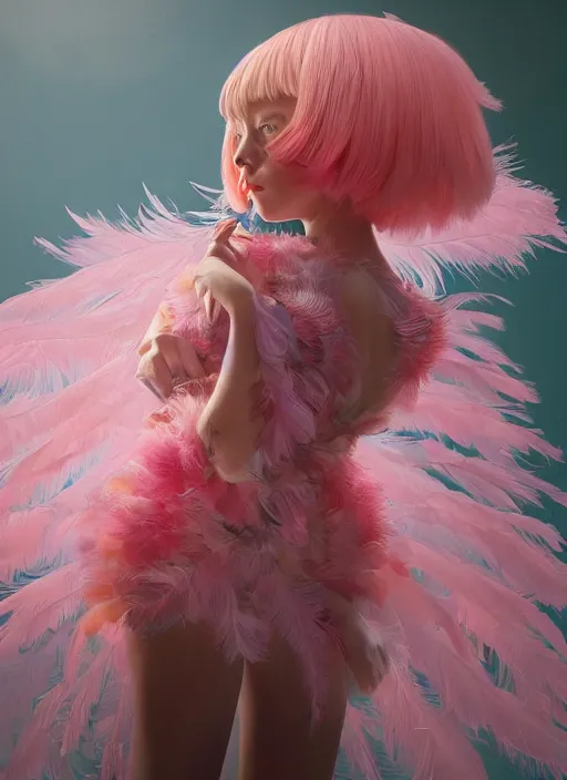 Prompt: beautiful little girl with an pink eccentric haircut wearing an dress made of feathers dancing on stage, artwork made by ilya kuvshinov, inspired in donato giancola, hd, ultra realistic, reflection, flowers, light, realistic face, bird tattoo, trending on pixiv, 8 k, ray tracing