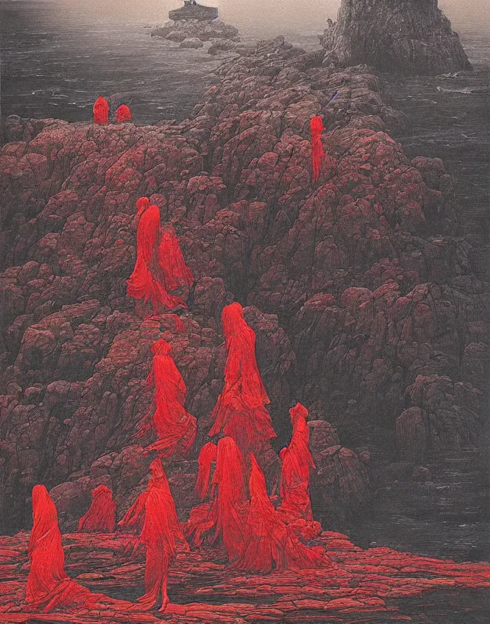 Image similar to worshippers in red robes belonging to the cult of the lighthouse clambering out of the water onto the rocky shore at the base of the light house, walking into the entrance of the light house, high detailed beksinski painting, part by adrian ghenie and gerhard richter. art by takato yamamoto. masterpiece, deep colours, blue