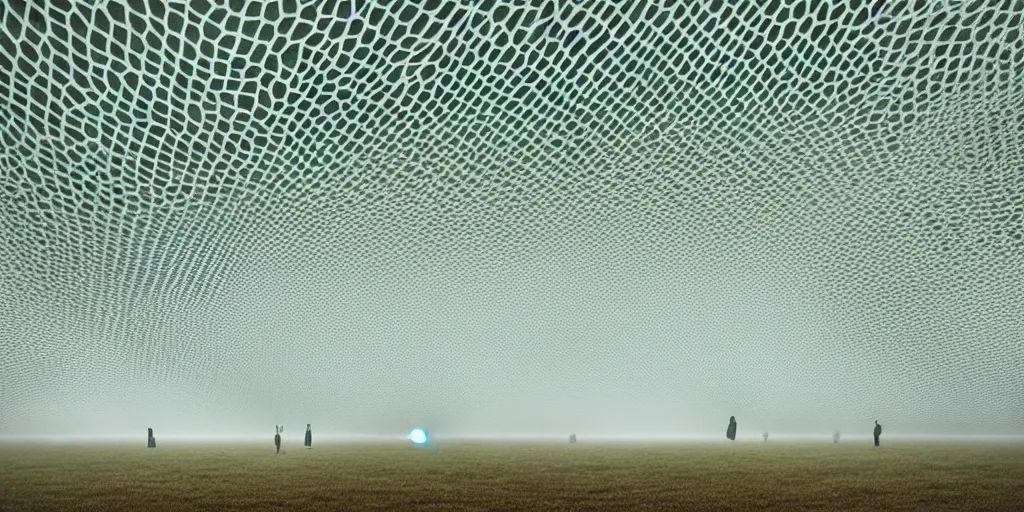 Prompt: white honeycomb organic building by ernesto neto sits on the field in low fog, light - mint with light - pink color, 4 k, insanely quality, highly detailed, film still from the movie directed by denis villeneuve with art direction by zdzisław beksinski, telephoto lens, shallow depth of field