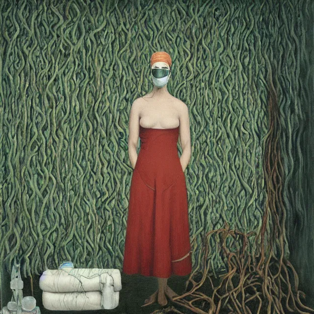 Prompt: a tall female pathology student wrapped in vines in empty apartment, a river flooding inside, medical supplies, medical mask, syringes, pathology sample test tubes, pigs, plants in glass vase, water, river, rapids, canoe, pomegranate, berries dripping, waterfall, swans, acrylic on canvas, surrealist, by magritte and monet