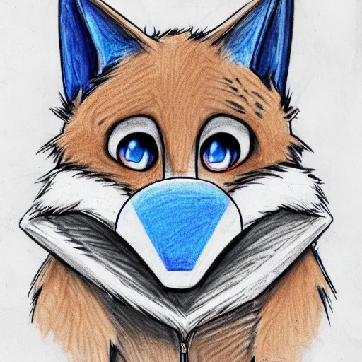 Image similar to high quality anime style colored pencil sketch portrait of an anthro furry fursona blue fox wearing a hoodie, handsome eyes, sketch doodles surrounding it, notebook sketch