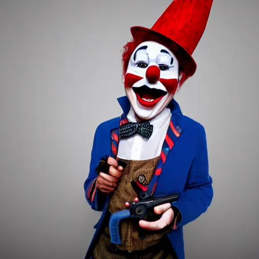 Prompt: Photograph of a clown with a gun looking frantic