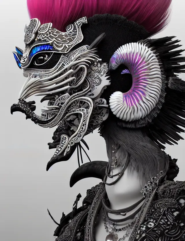 Image similar to 3 d photo realistic goddess close - up profile portrait punk with mohawk with ram skull. beautiful intricately detailed japanese crow kitsune mask and clasical japanese kimono. betta fish, jellyfish phoenix, bio luminescent, plasma, ice, water, wind, creature, artwork by tooth wu and wlop and beeple and greg rutkowski