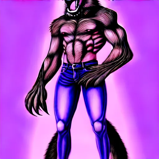 Image similar to giant anthropomorphic muscular purple wolf dragon, generic furry style, wearing jeans, deviantart, professional furry drawing, insanely detailed, artistic design, wolf - like face, doing a pose from jojo's bizarre adventure, detailed muscles, exaggerated features, beautiful shading, studio lighting