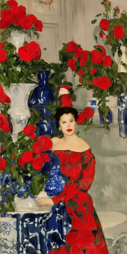 Image similar to portrait of rebekah delrio in lynch pattern dress beside of a big persian detailed pot of red roses, blue and red lights, mulholland drive, painted by john singer sargent and kim jungi - w 5 7 6