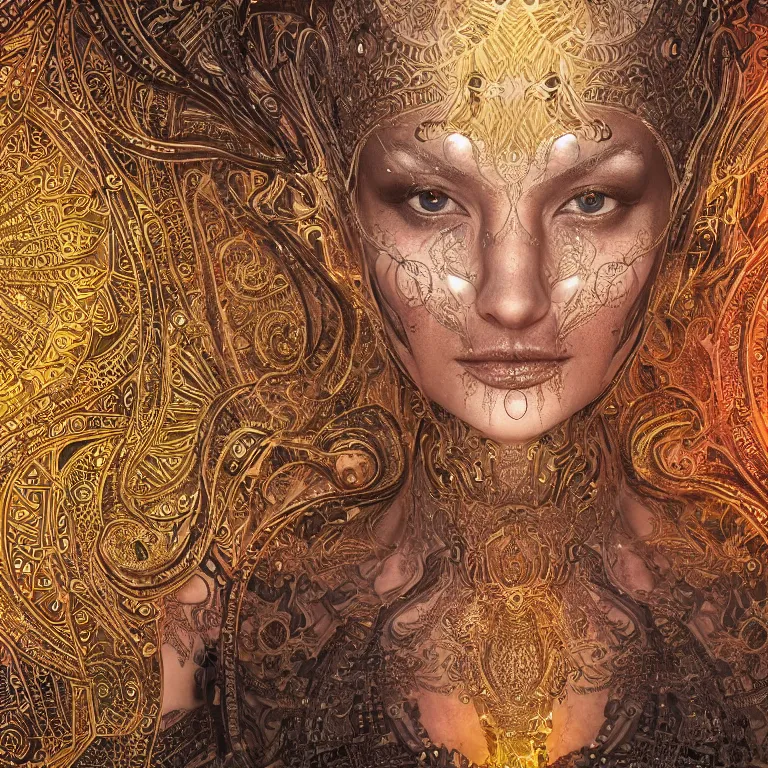 Image similar to octane render portrait by wayne barlow and carlo crivelli and glenn fabry, a high - end chrome android with intricate gold and silver detailing in the style of henna face tattoos, inside a complex mandala pattern made out of colorful flames, volumetric lighting and light rays, cinema 4 d, ray traced lighting, very short depth of field, bokeh