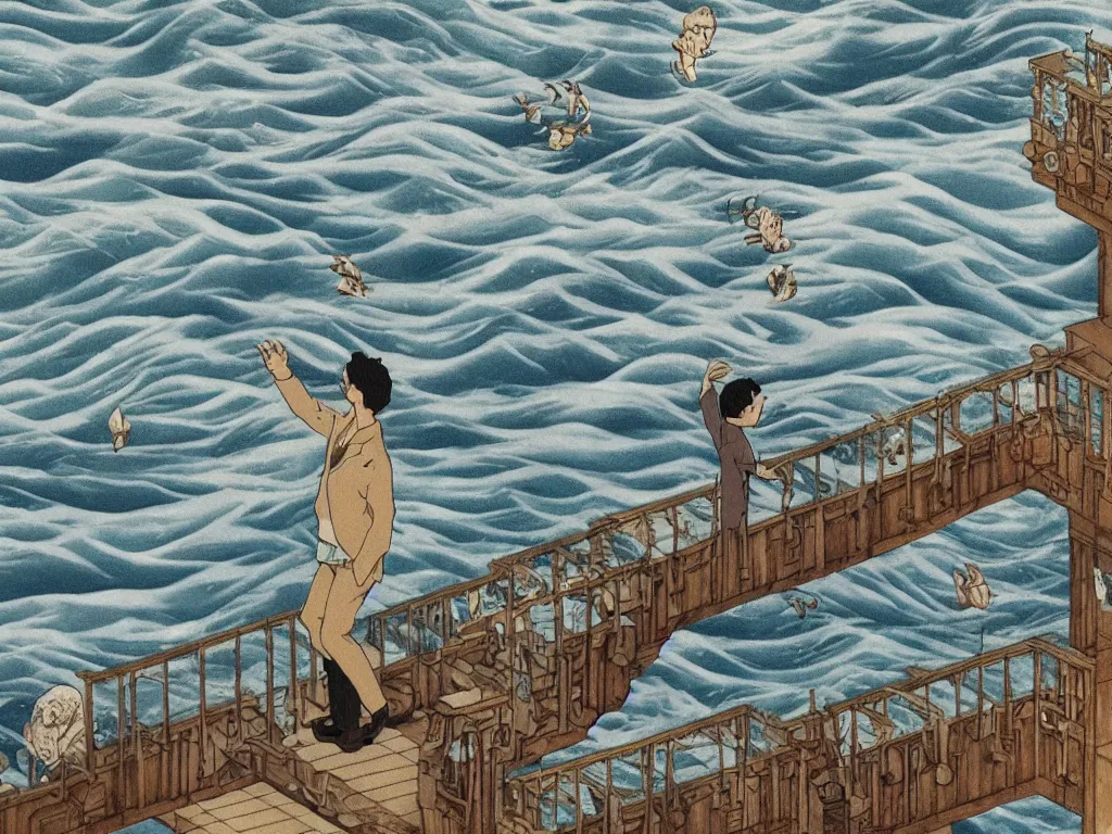 Image similar to lithograph printed in 1996. It depicts a man in a art gallery viewing a print of a seascape. The man\'s reflection is seen in the print, and the reflection shows the man walking down a staircase. The staircases in the print appear to be infinite, By M. C. Escher, colorized by Hayao Miyazaki