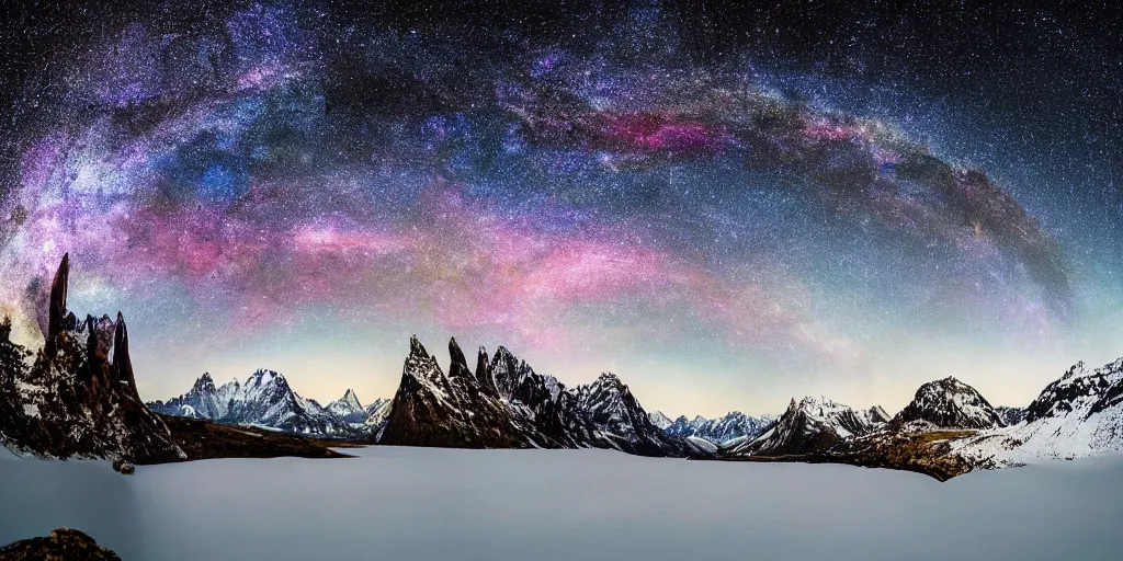 Image similar to Galaxy arch, the foreground is snowy mountains and lakes, in the style of National Geographic magazine