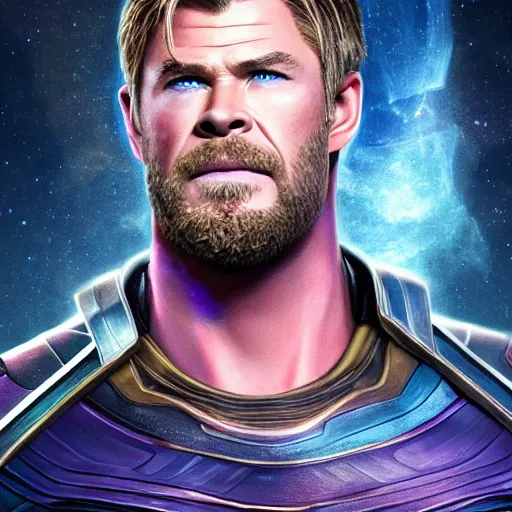 Prompt: Chris Hemsworth starring as Thanos, Chris Hemsworth in Thanos attire and makeup, trending on artstation, 4k, 8k