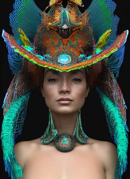 Image similar to 3 d goddess close - up profile portrait. beautiful intricate highly detailed mexican magpie helm and traditional mexican huipil! quetzalcoatl, stingray, bio luminescent, plasma, lava, ice, water, wind, stormy, creature, artwork by tooth wu and wlop and annie leibovitz, octane 3 d render