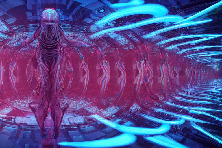 Prompt: a beautiful 3 d rendered representation of an lsd trip with aliens, symmetrical, abstract, inspired by the xenomorph, octane render, unreal engine, 4 k, trending on artstation