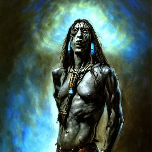 Image similar to art by simon bisley, primitive shaman warrior, atmospheric lighting, painted, intricate, blue and grey hour, ultra detailed