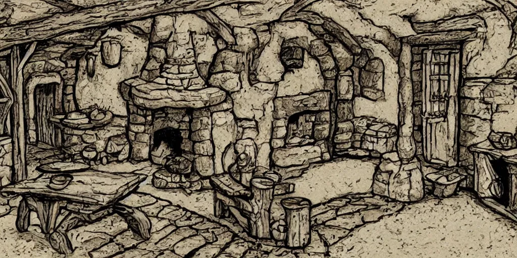 Prompt: medieval cottage interior, fantasy hand - drawn animation