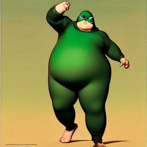 Image similar to masculine slightly overweight chonky pigeon in a green onepiece body suit, by Range Murata and Mucha