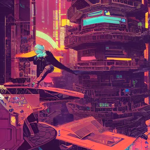 Image similar to cyberpunk explorer playing video games in his treehouse, highly detailed, 4k, midnight, by Victo Ngai and James Gilleard , Moebius, Laurie Greasley