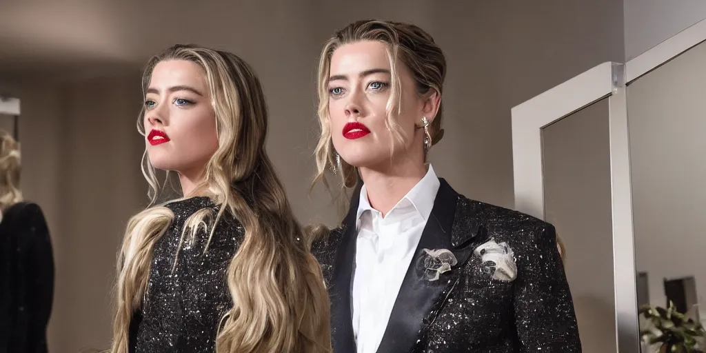 Image similar to ultra wide angle photo of amber heard dressed in a armani wool tuxedo suit and tie, looking at herself in a bathroom mirror and seeing her reflection as johnny depp