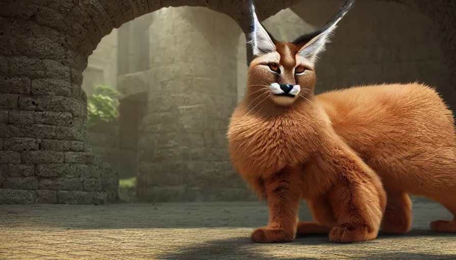 Prompt: wooden barrel on one side, fullbody photo of cute fluffy caracal in it, ancient greek city, sunny day, by ilya kuvshinov, rtx rendering, octane render 1 2 8 k, maya, extreme high intricate details by tom bagshaw, medium shot, close up shot, composition by sana takeda, lighting by greg rutkowski