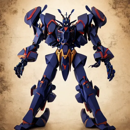 Image similar to barbatos mobile suit, gouf gundam, carved sapphire mechanical exoskeleton wearing hardsurface armour, inlaid with gold rococo, bladed wings lace wear, sculpted by spider zero, zaha hadid, trending on artstation, beautifully lit, hyper detailed, insane details, intricate # mecha # sapphire # spider zero