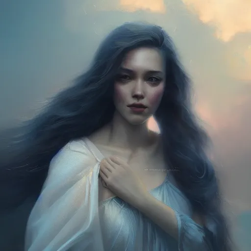 Image similar to A beautiful digital painting of a beautiful princess, the sky behind her, intricate, cinematic lighting, highly detailed, digital painting, Artstation, concept art, smooth, sharp focus, illustration, art by Tom Bagshaw, Artgerm and Greg Rutkowski