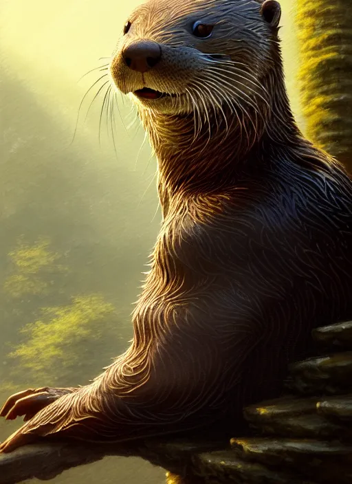 Image similar to a film still portrait of a otter warrior, finely detailed features, cinematic lighting, perfect art, brian jacques redwall woodland, forest, intricate, artstation, trending on pixiv fanbox, painted by brian jacques greg rutkowski, studio ghibli, fantasy, 4 k