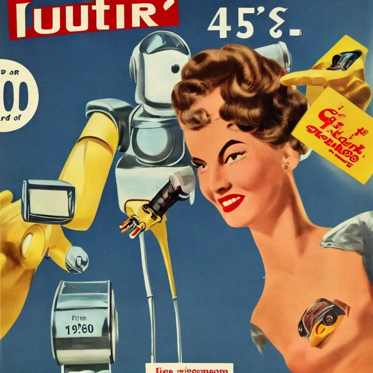 Prompt: 1950s future prediction of an artificial intelligent robot, super detailed colour 1950s realistic advertising illustration