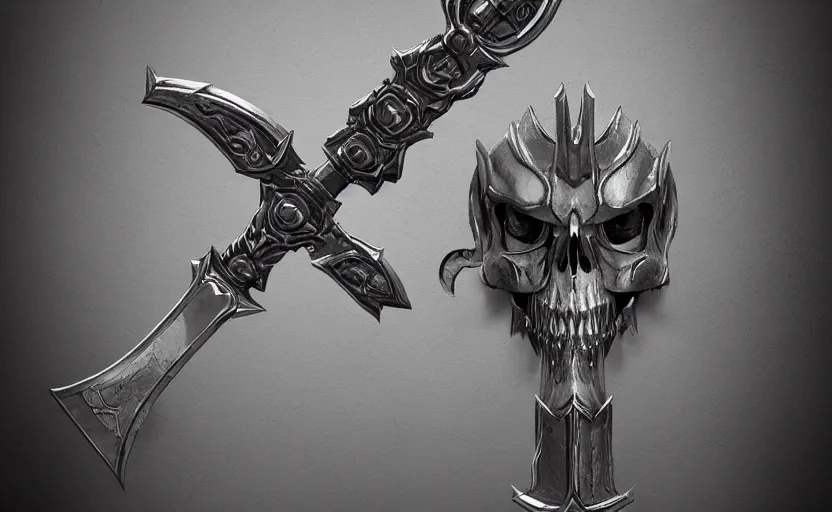 Image similar to a black and silver sword skull crest, orthographic, ornament, weapon, a 2 d render by dom qwek, front side, concept art, trending on polycount, artstation, hard surface modeling, rendered in maya, zbrush, hd, vray, blizzard, symmetry