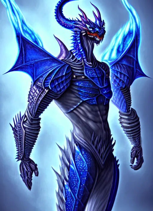 Image similar to muscular and tall blue ghostly fire humanoid dragon!!!! draconian!! intricate ornate iridescent heavy armor!! character concept art, sharp focus, octane render! unreal engine 5! highly rendered!! trending on artstation!! detailed linework!! illustration by artgerm, wlop, and chie yoshii