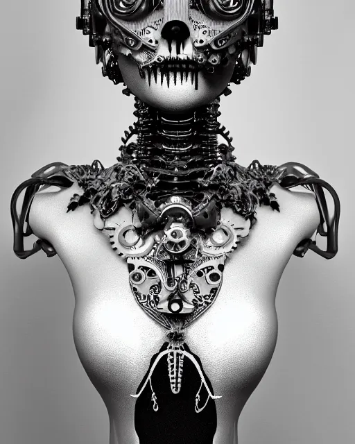 Prompt: black and white dreamy foggy smoky profile face portrait, one silver steampunk realistic eye biomechanical beautiful young female cyclope - cyborg - robot bust, body ribs meshes,, volumetric light, hibiscus flowers, by hg giger, rim light, big gothic fashion pearl embroidered collar, 8 k