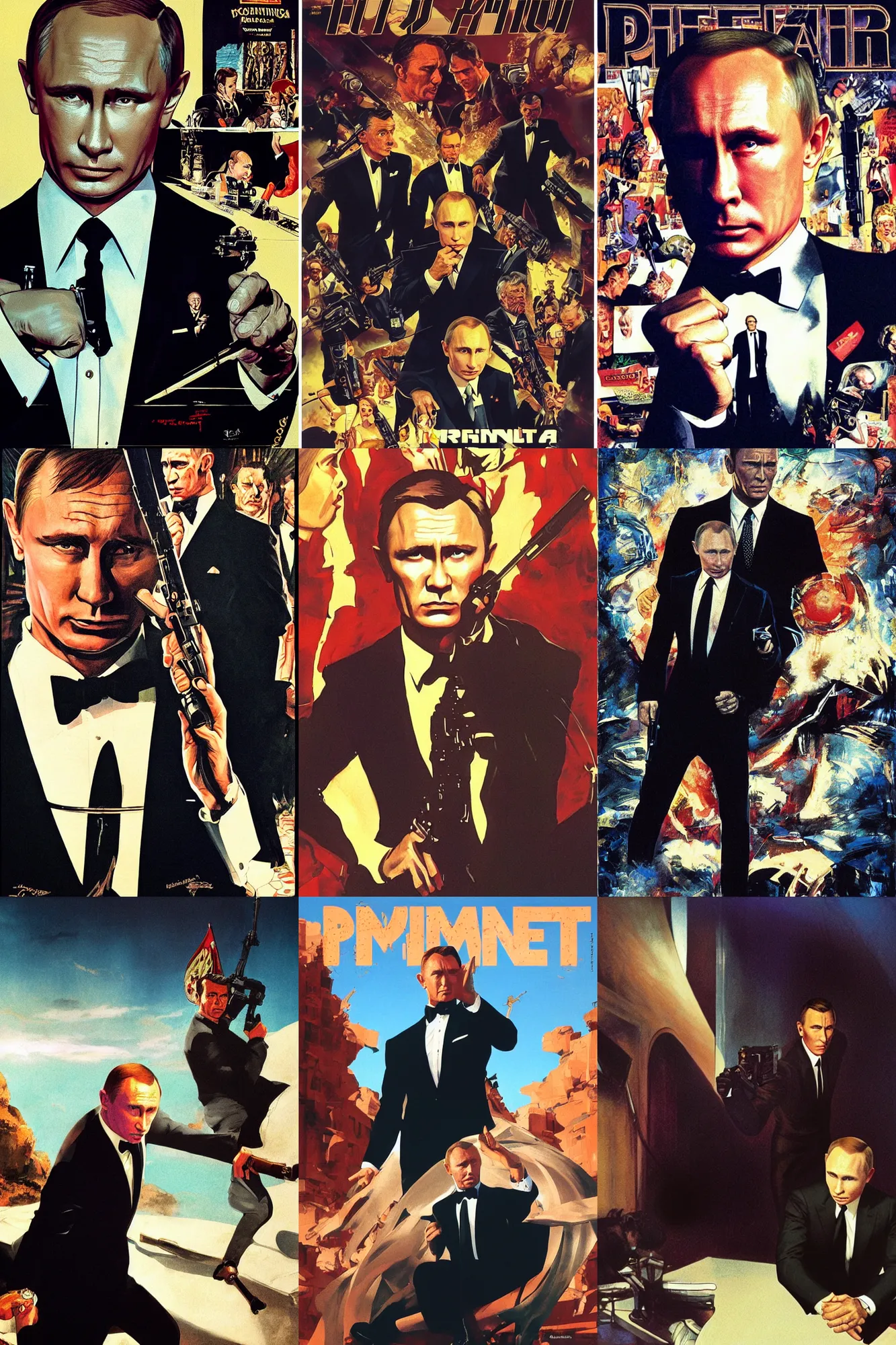 Prompt: putin as james bond 0 0 7, cinestill 8 0 0 t, medium shot, full, film still, shaded lighting poster by robert mcginnis, drew struzan, and michael garmash, rob rey and kentaro miura style, trippy