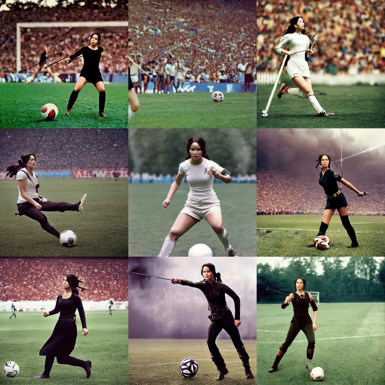 Prompt: Katniss Everdeen about to kick a ball into a goal, at the World Cup, high shutter speed, candid portrait photography by Annie Leibovitz