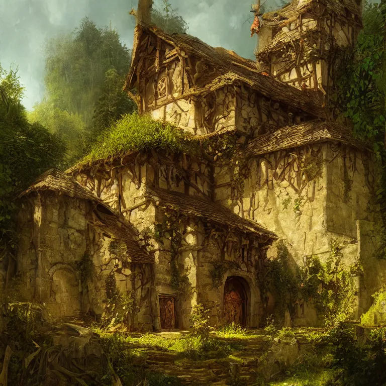 Prompt: a detailed painting of a medieval building in forest. fantasy poster. lord of the rings style. cinematic fantasy scene. fantasy. carl spitzweg. renaissance elements. renaissance element. oil painting. award winning. trending on artstation. 8 k