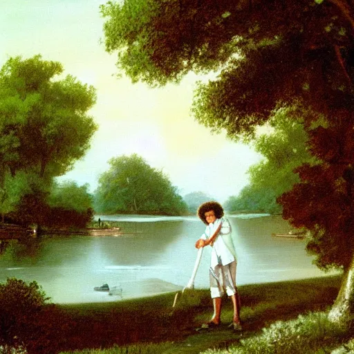 Prompt: Bob Ross painting the Thames River from the shoreline