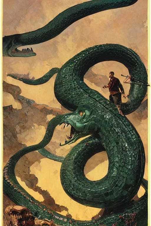 Image similar to giant serpent creature, norman rockwell, jacob collins, tom lovell, frank schoonover, james gurney