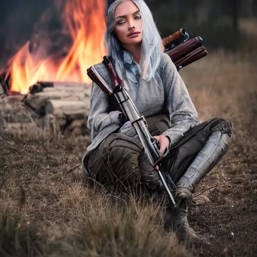 Prompt: silver hair girl resting in campfire with her rifle, cinematic photography