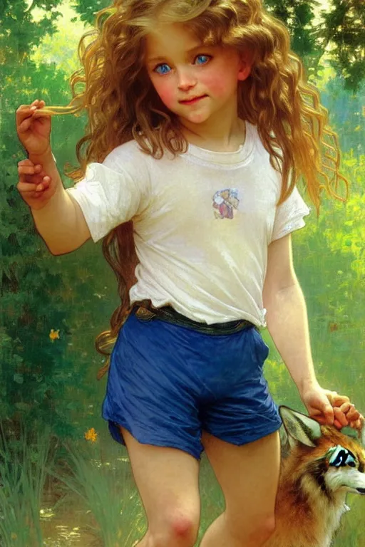 Image similar to a seven - year old with long curly dirty blonde hair, blue eyes, tan skin a tee shirt and shorts, playing with foxes, painting by daniel gerhartz, alphonse mucha, bouguereau, detailed art, accurate facial details, no blush, artstation