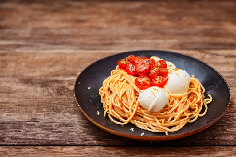 Prompt: macro shot of spaghetti with ice cream and tomato, on a wooden table, 5 4 9, natural light, cinematic lighting, 8 k, food photography