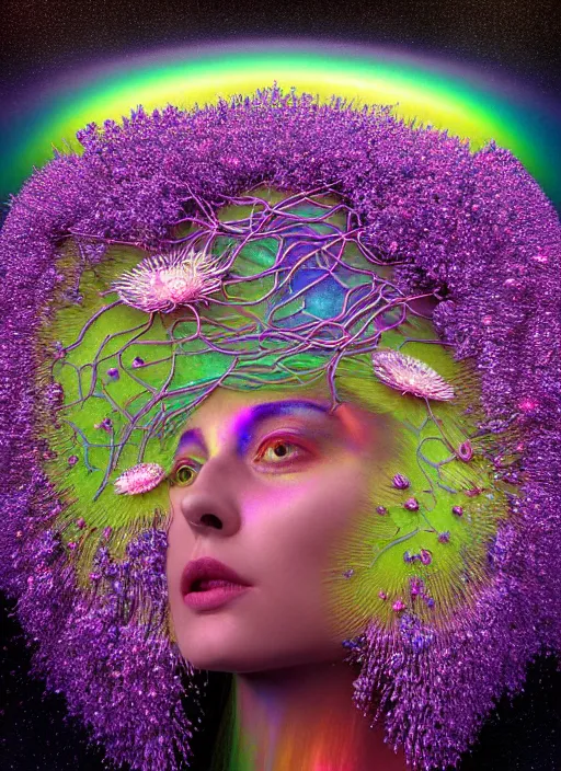 Prompt: hyper detailed 3d render like a Oil painting - Aurora (metallic iridescent rainbow faced goddess) seen Eating of the Strangling network of yellowcake aerochrome and milky Fruit and Her delicate Hands hold of gossamer polyp blossoms bring iridescent fungal flowers whose spores black out the foolish stars by Jacek Yerka, Mariusz Lewandowski, Houdini algorithmic generative render, Abstract brush strokes, Masterpiece, Edward Hopper and James Gilleard, Zdzislaw Beksinski, Mark Ryden, Wolfgang Lettl, hints of Yayoi Kasuma, octane render, 8k