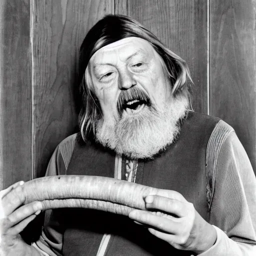 Image similar to robert wyatt chewing on a comically large carrot, photograph, highly detailed