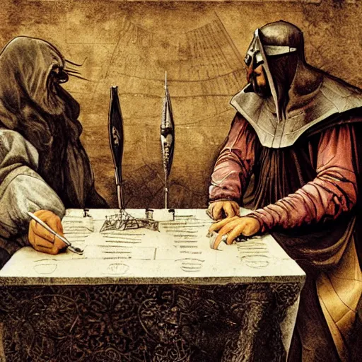 Prompt: leonardo davinci and the shredder hosting a podcast, intricate, highly detailed, comic book and renaissance art style, 4 k, concept art, table with microphones