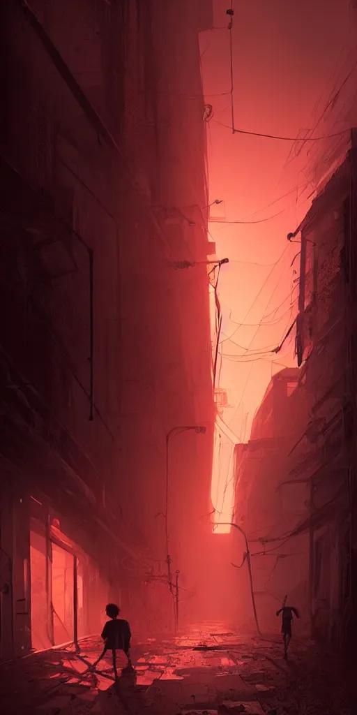 Image similar to abandoned apocalyptic old alley with a kid at the centre, epic red sunlight, perfect lightning, illustration by niko delort,