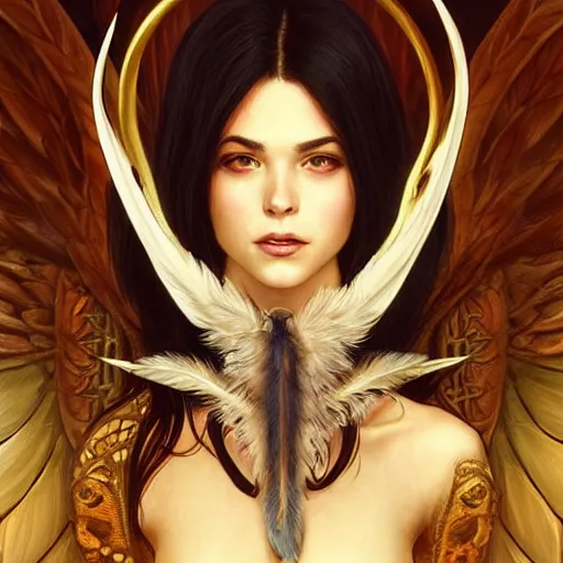 Prompt: a great lucifer, with beautiful wings, beautiful feather, demon horn with fire on head, long dark hair, intricate, elegant, highly detailed, digital painting, artstation, concept art, smooth, sharp focus, illustration, art by artgerm and greg rutkowski and alphonse mucha