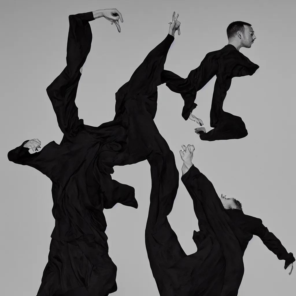 Image similar to a photo of a man dancing in a black Issey Miyake dress