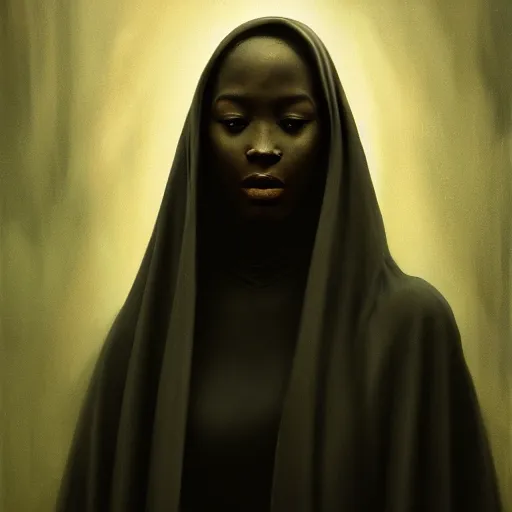 Image similar to a portrait of a young black woman wearing a long dark cloak, hood and shadows covering face, anatomically correct, beautiful perfect face, enigmatic, oil painting, matte painting, black background, Volumetric dynamic lighting, Highly Detailed, Cinematic Lighting, Unreal Engine, 8k, HD, by Beksinski