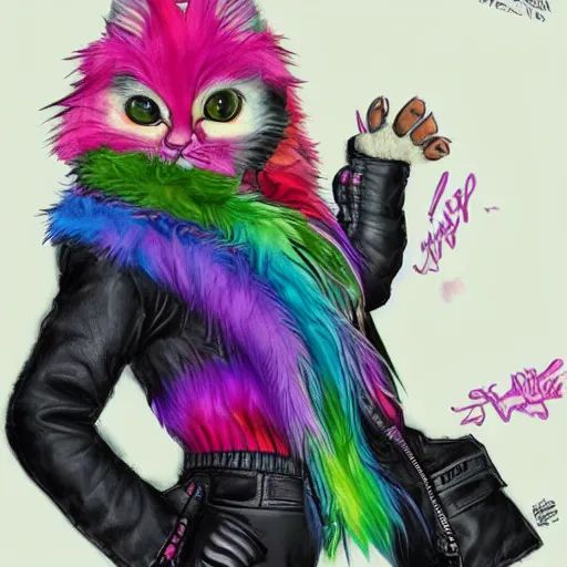 Image similar to wide angle full body, jacket wearing fluffy cute rainbow kitten wearing a black leather motorcycle jacket, cinematic concept art