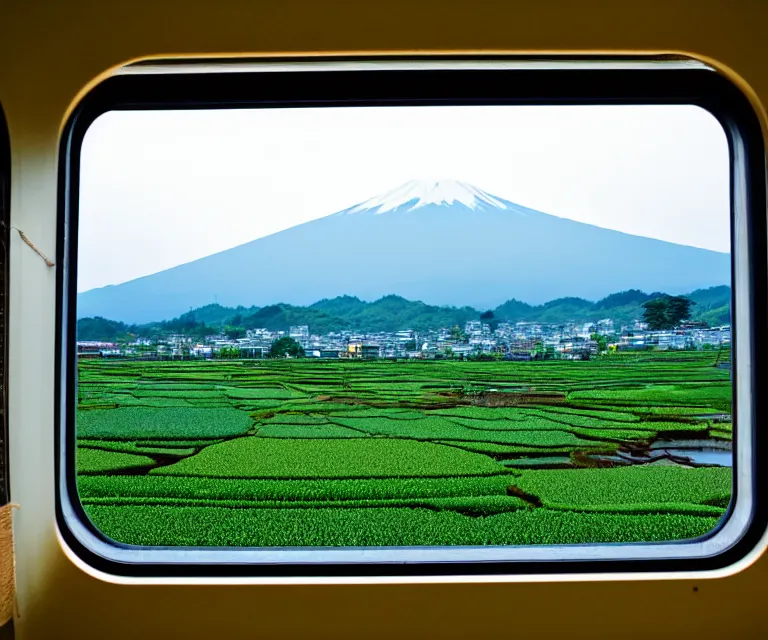 Prompt: a photo of mount fuji, japanese landscape, rice paddies, seen from a window of a train. cinematic lighting.