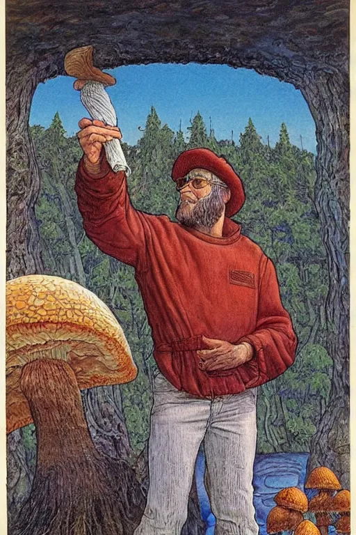 Image similar to an artistic jean giraud portrait of paul stamets admiring the mushroom, renaissance themed