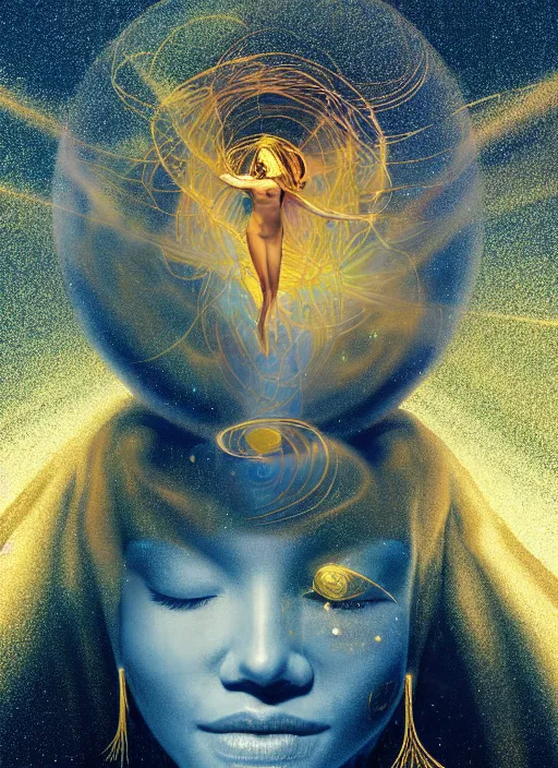 Prompt: a golden woman 2/3 figurative portrait, in space, head breaking apart and spiraling geometry into the sky upwards into another dimension, lazer light beaming down to top of her head, by moebius and Yoshitaka amano, painterly digital art